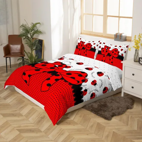 Vista 5 de Juego de funda de edredón con lazo de dibujos animados para niños, tamaño individual, juego de ropa de cama de mariquita, escarabajo, insecto