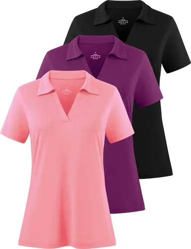 Vista 11 de Camisas polo con cuello en V para mujer, manga corta, cuello de golf Negro/Blanco/Gris