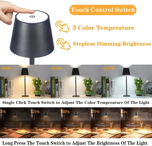 Vista 2 de Lámpara de mesa recargable inalámbrica para interiores y exteriores, con control táctil LED regulable, lámpara de mesa inalámbrica USB C, funciona
