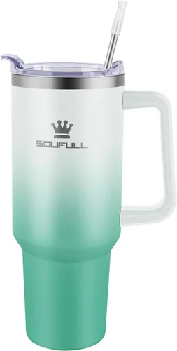 Vista 2 de Vaso de 40 onzas con asa y tapa con popote, taza de café de viaje 100% a prueba de fugas, taza aislada de acero inoxidable para bebidas frías