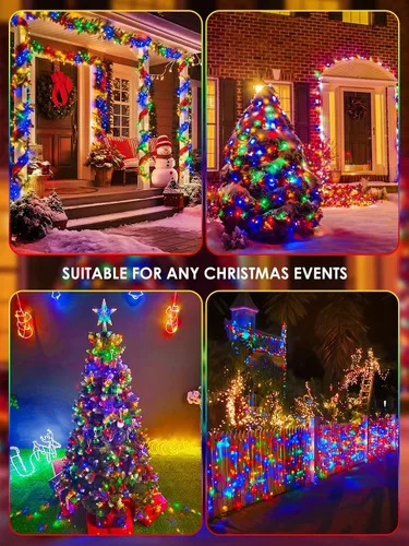 Vista 5 de Paquete de 4 luces solares de Navidad multicolor para exteriores, impermeables, 400 LED de 132 pies, cable verde con 8 modos, luces solares de hadas