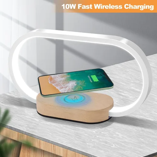 Vista 7 de Donewin Lámpara de noche de carga inalámbrica con puerto de carga USB, luz de mesa de noche de madera de alta calidad para dormitorio, lámpara