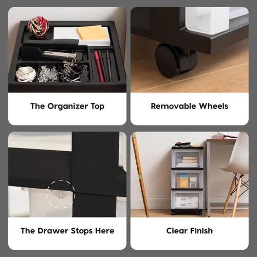 Vista 5 de IRIS USA Organizador de almacenamiento con cajones de plástico, carrito rodante, con ruedas giratorias, 3 cajones, para aula, suministros de arte