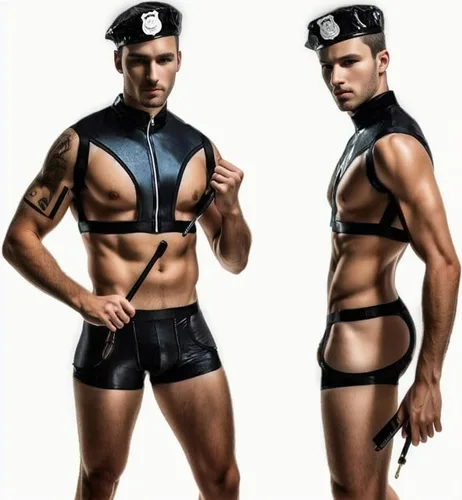 Vista 5 de Munyee Hua Conjunto de disfraz sexy para hombre, overol de león, uniforme de policía, negro