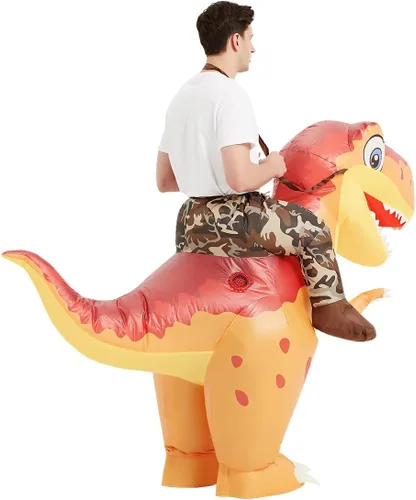 Vista 6 de COMIN Disfraz inflable de dinosaurio para adultos, disfraz de dinosaurio inflable de Trex, disfraz naranja para fiesta de Halloween