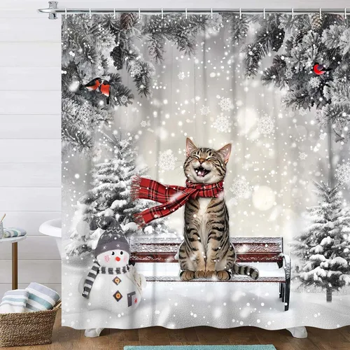 Vista 8 de Merry Christmas Tree Ornaments Waterproof Shower Curtain Set with Hooks Navidad