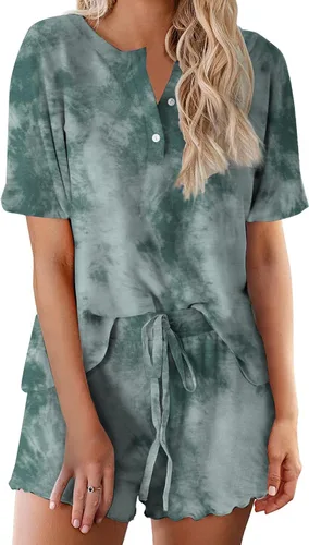 Vista 28 de Ekouaer Conjunto de pijamas teñidos con técnica tie dye para mujer, ropa de dormir, 2 piezas, conjuntos de pijamas, ropa de relajación A-tie Dye