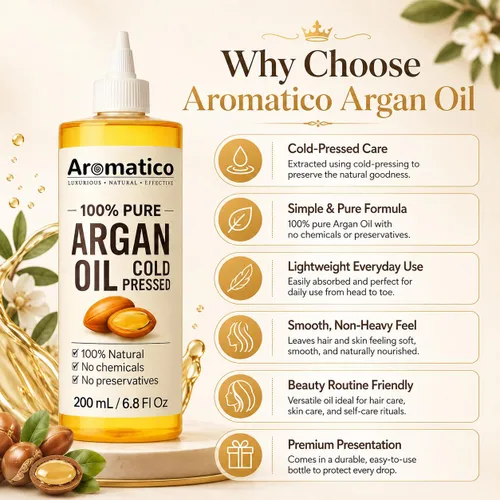Vista 8 de Aromatico 100% Pure Argan Oil 7 fl oz – Lightweight, Non-Greasy Hair & Skin Oil for Smooth, Shiny Hair & Deep Moisture – Cold Pressed Multipurpose