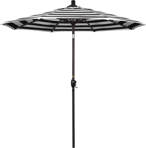 Vista 18 de California Umbrella Sombrilla redonda de aluminio de 7.5 pies, manivela elevadora, botón de inclinación, poste de bronce, Sunbrella Air Blue Azul
