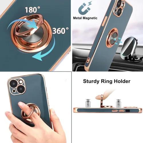 Vista 3 de Funda diseñada para iPhone 13, soporte de anillo giratorio de 360° integrado, soporte magnético, silicona suave, cubierta protectora ultra delgada