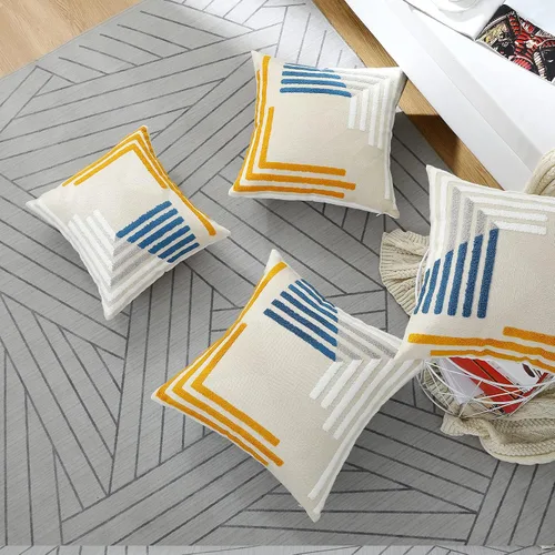 Vista 8 de Juego de 2 fundas de almohada modernas bordadas geométricas de 16 x 16 pulgadas, de algodón con textura copetuda, estilo bohemio, decorativas
