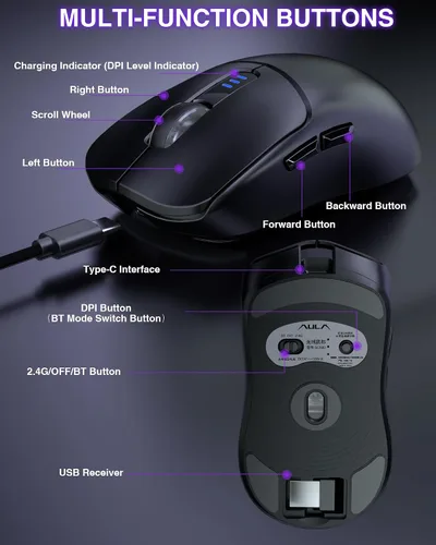 Vista 5 de AULA SC580 Ratón Inalámbrico para Juegos, Ratón de Juego Tri-Modo 2.4G/BT5.0/USB-C, Ratón Inalámbrico Recargable de 12000 DPI con 6 Botones Negro
