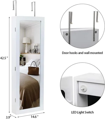 Vista 6 de Karl home Gabinete de joyería con 8 luces LED, organizador de almacenamiento de pared y puerta con cerradura de 42.5 pulgadas de alto con espejo