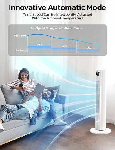 Vista 5 de ZAFRO Ventilador de torre para dormitorio, ventilador oscilante de 90° con 4 modos, 3 velocidades, velocidad de 25 pies/s, temporizador de 12 horas