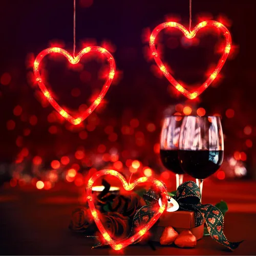 Vista 2 de 3 luces de ventana para el día de San Valentín, decoración de ventana con forma de corazón rojo, funciona con pilas, luces románticas colgantes