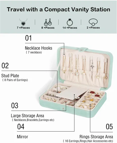 Vista 4 de GUKA Estuche de joyería de viaje, organizador de viaje portátil de joyería, organizador de joyería de viaje de poliuretano para anillos, aretes