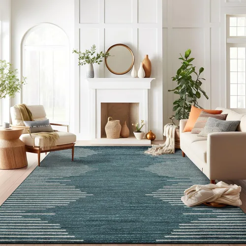 Vista 52 de Rugshop Alfombra bohemia a rayas resistente a las manchas, color beige, 2 x 7 pies