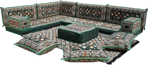 Vista 136 de arabicsofa Juego de asientos Jalsa en forma de L – Majlis árabe hecho a mano con almohadas de respaldo