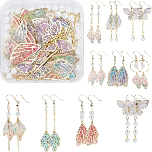 Vista 10 de SUNNYCLUE 1 caja de bricolaje 10 pares de dijes de alas de mariposa de hada, kits de fabricación de aretes de tela de organza, dijes de mariposas