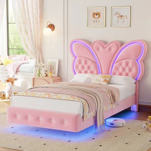 Vista 10 de Keyluv Marco de cama Queen con cabecera tapizada con patrón de mariposa, cama flotante moderna con luces LED, botones tapizados en cabecera y Beige