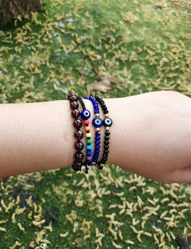 Vista 5 de Pulseras de cuentas de mal de ojo para mujer, pulsera de protección azul y rojo con amuleto, pulseras de hilo ajustable de buena suerte