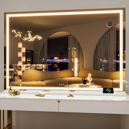 Vista 41 de Hasipu Espejo de tocador con luces, espejo LED de maquillaje de 31.5 x 22 pulgadas, espejo de maquillaje iluminado con 3 modos regulables, espejo
