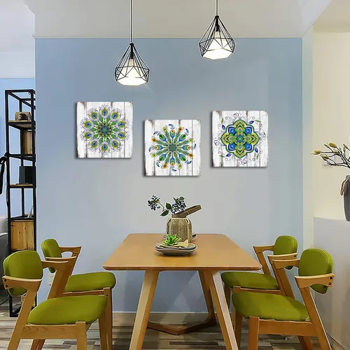 Vista 3 de Biuteawal Arte de pared de mandala para decoración de dormitorio, diseño retro de flores de pavo real, lienzo, cuadros verdes, bohemio, floral