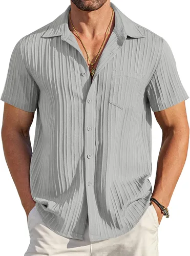 Vista 11 de COOFANDY - Camisas de botones casuales para hombre, de manga corta, con textura, camisa de playa de verano con bolsillo