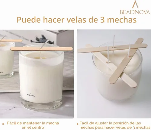 Vista 4 de BEADNOVA Juego de mechas de velas, 150 mechas de algodón con 50 soportes de madera, dispositivo de centrado para hacer suministros de bricolaje