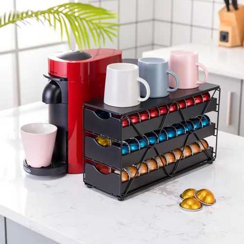 Vista 9 de FlagShip Nespresso Vertuo - Soporte para cápsulas de 60 cápsulas grandes, capacidad de 3 niveles Vertical Design Saves Counter Space Black Sturdy