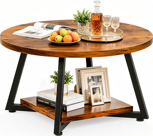 Vista 27 de Mesa de Café FAMIDGE, Mesas de Café de 23.6" para Sala de Estar, Mesa de Café Redonda con Marco de Metal, Mesa de Piso para Sentarse en el Suelo