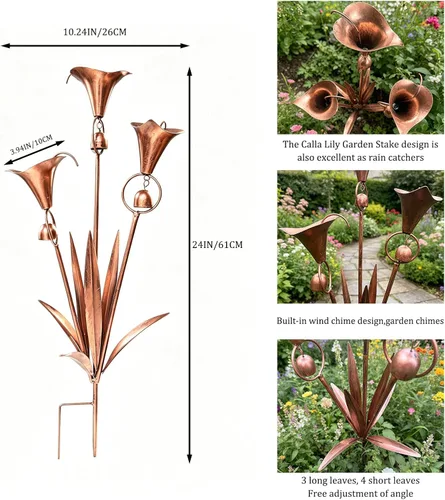 Vista 3 de Benks Flamed Copper Three Calla Lilies Garden Stake with Bells & 24" H