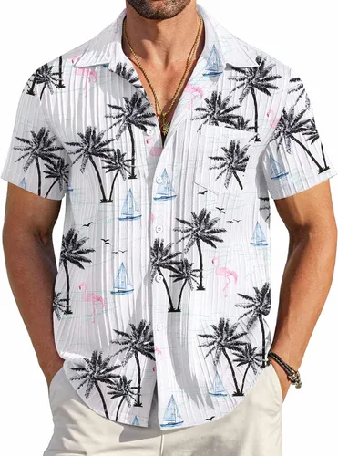 Vista 23 de COOFANDY - Camisas de botones casuales para hombre, de manga corta, con textura, camisa de playa de verano con bolsillo