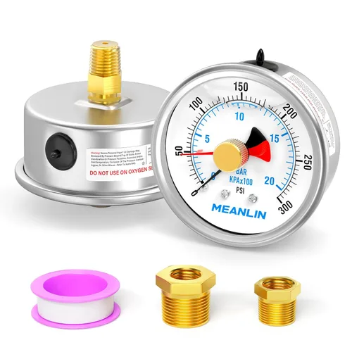 Vista 8 de MEANLIN MEASURE Manómetro de Presión de Acero Inoxidable 0~10 Psi 1/4" NPT Carátula de 2.5" con Puntero de Reinicio Relleno de Líquido WOG Agua
