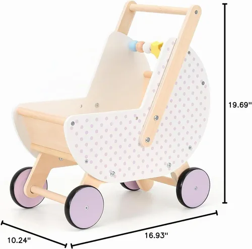 Vista 7 de Pillowhale Andador de madera y cochecito de muñeca – Carro de empuje con mango ajustable, antipunta, ruedas silenciosas, carrito de compras