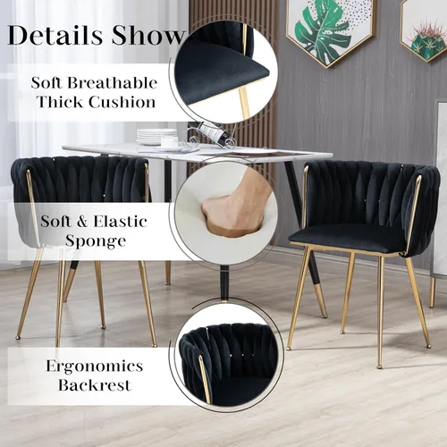 Vista 5 de Glam Style - Juego de 5 mesas de comedor para 4, mesa de comedor rectangular de vidrio templado de 71 pulgadas con base de metal dorado, sillas