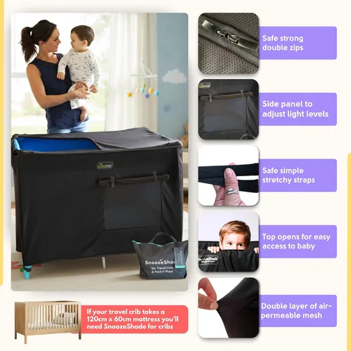 Vista 3 de Corral con capota SnoozeShade malla respirable y sombra para dormir Blackout canopy blocks up to 94% of light for naps anywhere. Fits pack n