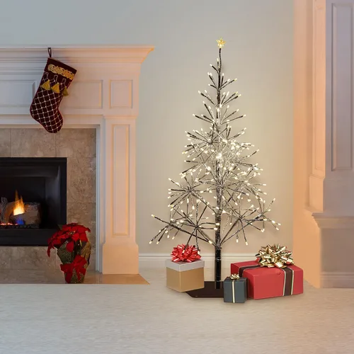 Vista 10 de Alpine Corporation Árbol de Navidad artificial festivo para interiores y exteriores de 53 pulgadas de alto con luces LED blancas cálidas, dorado
