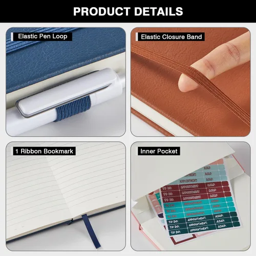 Vista 2 de Paquete de 3 cuadernos rayados con bolígrafo, cuadernos A5 (5.7 x 8.4 pulgadas) de tapa dura de cuero para mujeres y hombres, trabajo, 160 páginas