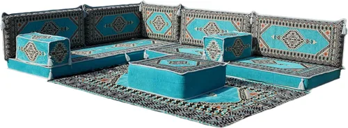 Vista 101 de arabicsofa Juego de asientos Jalsa en forma de L – Majlis árabe hecho a mano con almohadas de respaldo