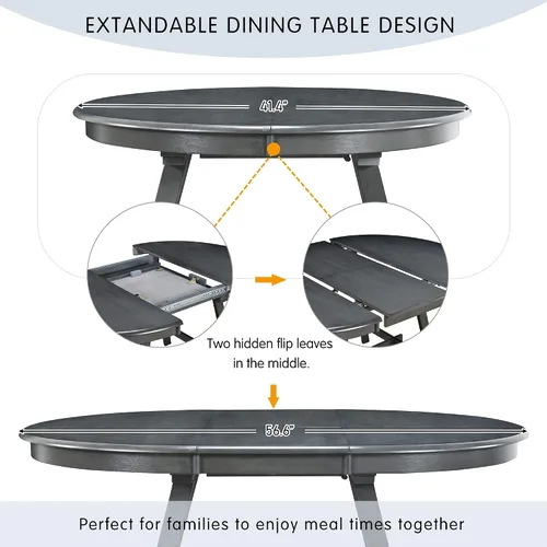 Vista 4 de Juego de mesa de comedor de madera de 5 piezas, mesa de comedor redonda extensible con 4 sillas de comedor, juego de mesa de cocina