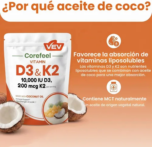 Vista 7 de VEV Corefeel Vitamina D3 K2 10,000 UI, 200 mcg MK-7, 300 cápsulas blandas