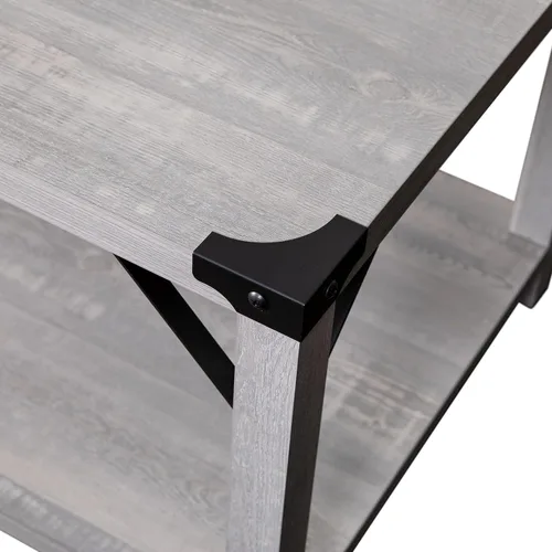 Vista 9 de BizChair Modern Farmhouse - Mesa auxiliar de 2 niveles, marco de madera de ingeniería gris Aspen, soportes laterales entrecruzados de metal negro