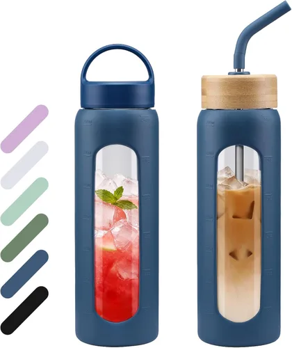Vista 13 de WINSA - Botella de agua de vidrio de 24 onzas, vaso de vidrio con popote, botellas reutilizables con 2 tapas - Tapa con asa y tapa de bambú