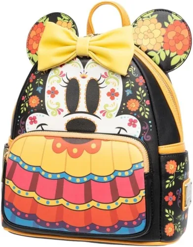 Vista 2 de Loungefly Mini-mochila Minnie Mouse Dia de los Muertos Sugar Skull, Amarillo, negro, blanco