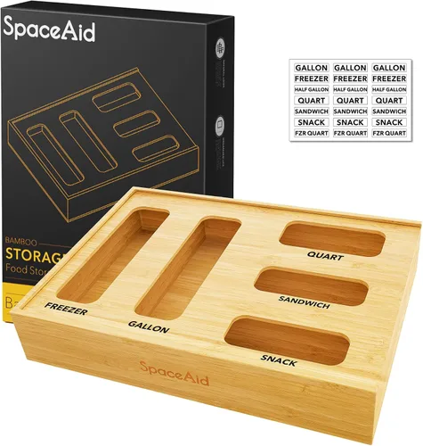 Vista 11 de SpaceAid Organizador de bolsas para cajón de cocina, de bambú, compatible con galón, cuarto de galón, sándwiches y aperitivos, para bolsas de 4