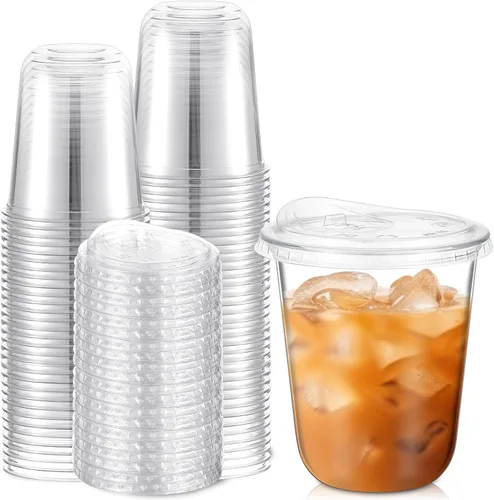 Vista 15 de Ziliny 50 juegos de vasos de plástico transparente con tapas para sorber sin pajita, vasos de cristal de plástico PET desechables transparentes