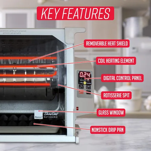 Vista 4 de Ronco Horno asador digital de encimera 5000 Platino, capacidad de 12 libras El pollo asado se cocina perfectamente, 3 funciones: asador, sear