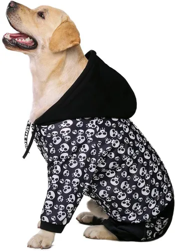 Vista 3 de Disfraz de esqueleto de Halloween para perro: sudadera con capucha negra con bolsillo para perros medianos y grandes