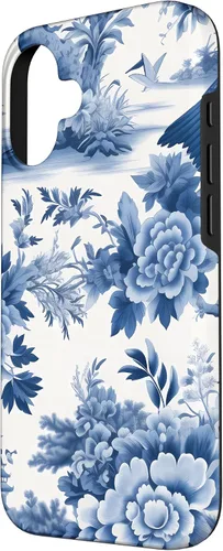 Vista 2 de iPhone 16 White and blue Chinoiserie Botanical Floral Bird Classic Case